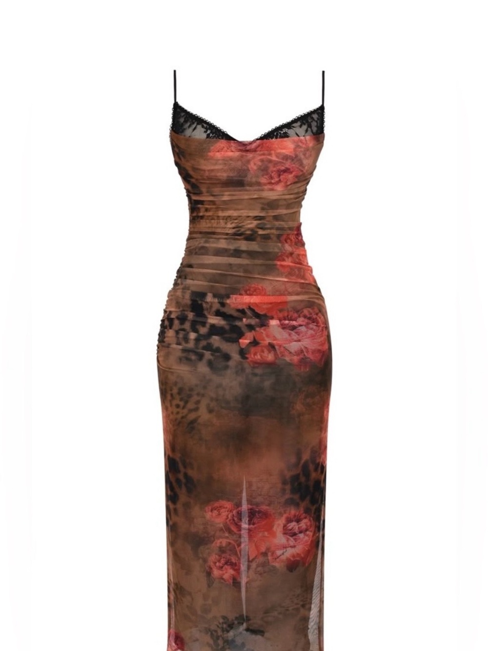 House of CB Brown Mesh Floral Slip Midi Dress with Red Rose Print and Black Lace